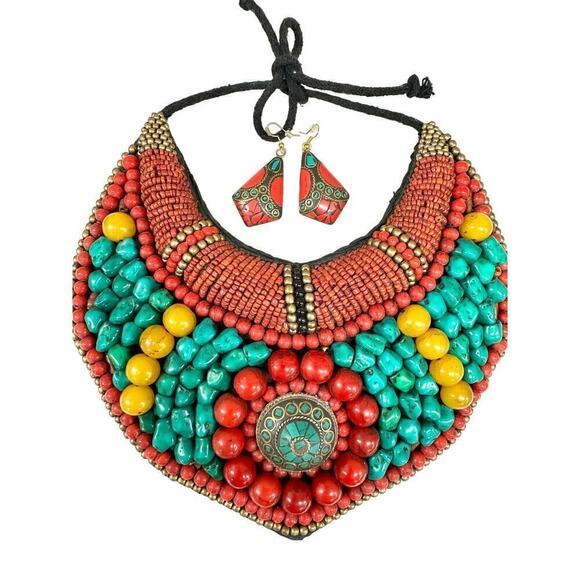 Tibetan Turquoise / Coral Beaded Neck Plate Bib  Necklace + Earrings - Picture 1 of 10